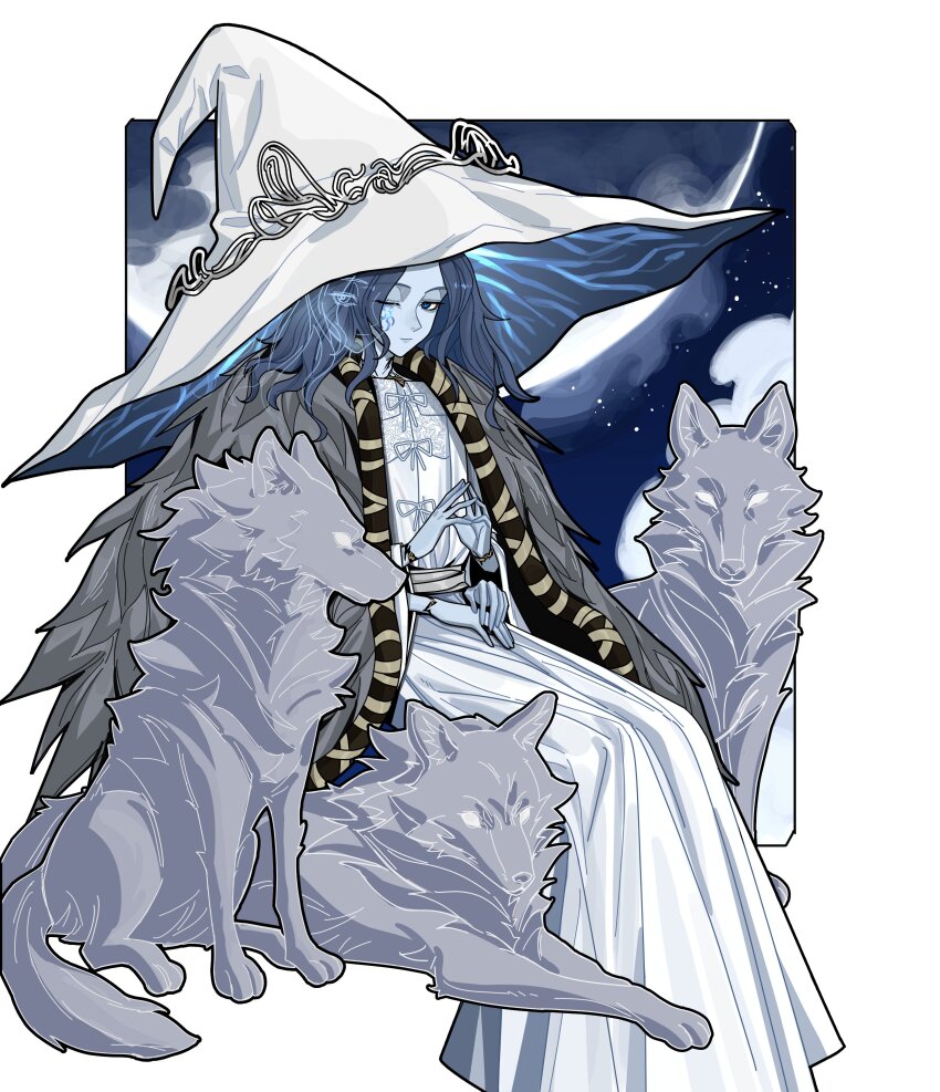 1girl 88rfnzknbhuc5sy absurdres animal blue_eyes blue_hair blue_skin brown_cloak cloak closed_mouth colored_skin commentary cracked_skin dress elden_ring extra_arms extra_faces fur_cloak hat highres large_hat long_hair looking_at_viewer moon night night_sky one_eye_closed own_hands_together ranni_the_witch sky white_dress white_hat witch witch_hat wolf
