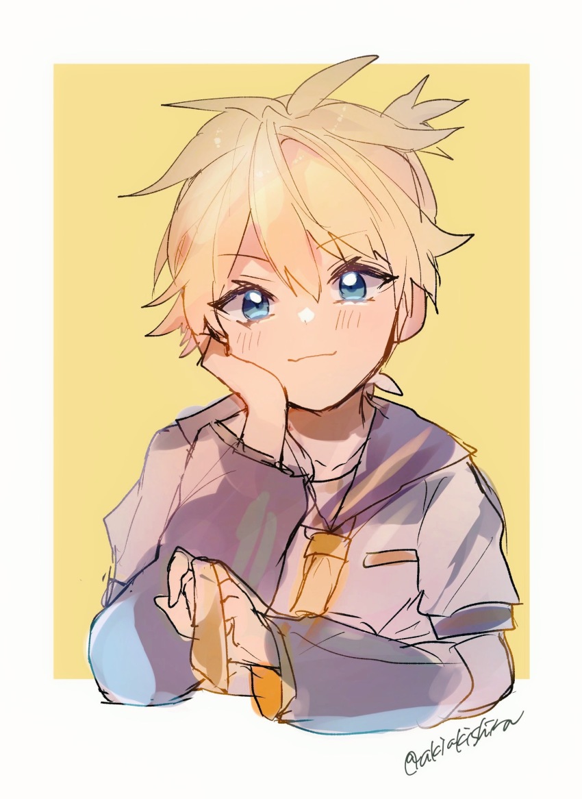 1boy :3 androgynous blonde_hair blue_eyes collared_shirt head_rest headphones highres kagamine_len looking_at_viewer multicolored_background pale_skin shirano_akihiro shirt solo vocaloid white_background yellow_background