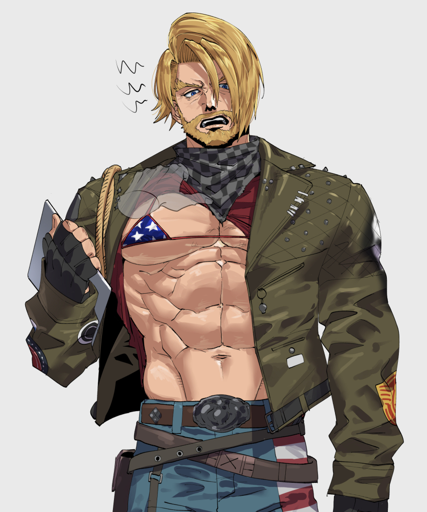 1boy 403fv abs american_flag american_flag_print bara bare_pectorals beard blonde_hair bra clothes_lift connected_beard cowboy_shot crossdressing denim disembodied_hand facial_hair fingerless_gloves flag_print full_beard gloves highres jeans large_pectorals lifting_another&#039;s_clothes male_focus mature_male muscular muscular_male nipples pants paul_phoenix pectorals print_bra shirt_lift shout_lines shredded_muscles solo_focus standing tekken tekken_6 tekken_8 thick_beard thick_eyebrows underwear