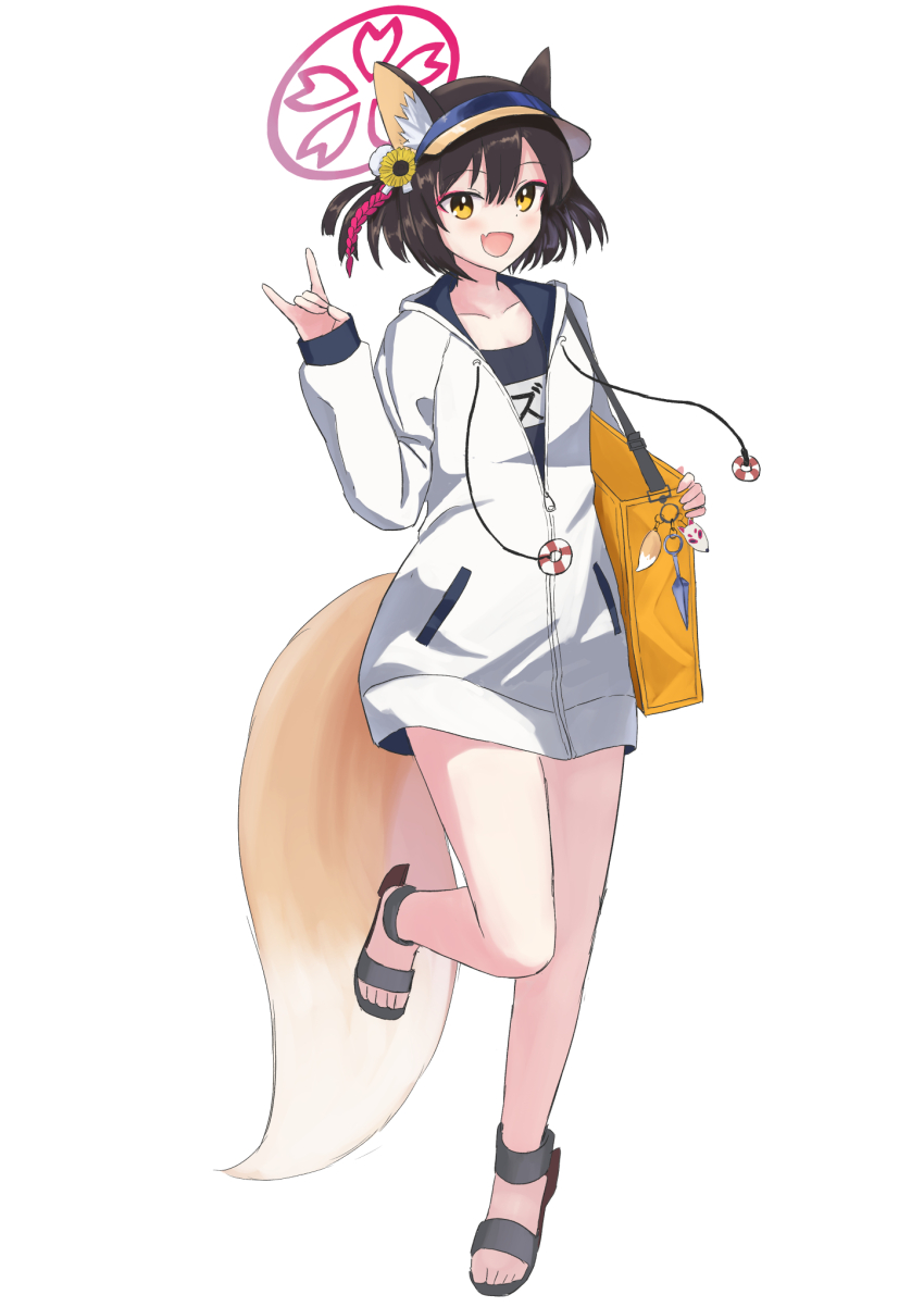 1girl animal_ears black_one-piece_swimsuit blue_archive brown_eyes brown_hair cosplay fox_ears fox_girl fox_shadow_puppet fox_tail full_body halo highres hood hooded_jacket izuna_(blue_archive) izuna_(swimsuit)_(blue_archive) jacket kantai_collection long_sleeves name_tag old_school_swimsuit one-piece_swimsuit open_mouth pink_halo school_swimsuit short_hair smile solo swim_ring swimsuit swimsuit_under_clothes tail visor_cap white_jacket yuki_4040 yukikaze_(kancolle) yukikaze_(kancolle)_(cosplay) yukikaze_(swimsuit)_(kancolle)