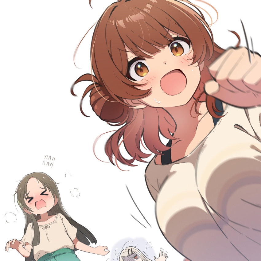 &gt;_&lt; 3girls absurdres blush bouncing_breasts breasts brown_eyes brown_hair closed_eyes commentary_request exhausted flying_sweatdrops from_below gakuen_idolmaster gyorui_(katsuwo_drawing) hair_bun hanami_ume heavy_breathing highres idolmaster kuramoto_china large_breasts long_hair motion_blur motion_lines multiple_girls nose_blush open_mouth shinosawa_hiro short_hair short_sleeves sweatdrop white_background
