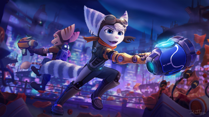 1boy 1girl daniel_tibana fighting furry furry_female furry_male goggles goggles_on_head hammer highres lombax mechanical_arms ratchet_&amp;_clank ratchet_&amp;_clank:_rift_apart ratchet_(ratchet_&amp;_clank) rivet_(ratchet_&amp;_clank) robot scarf single_mechanical_arm striped_fur tail wrench