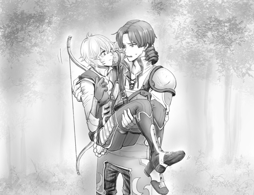 2boys arrow_(projectile) blush boots bow_(weapon) carrying fingerless_gloves fire_emblem fire_emblem_echoes:_shadows_of_valentia gloves grass greyscale kliff_(fire_emblem) leaf male_focus monochrome multiple_boys nintendo open_mouth princess_carry quiver tobin_(fire_emblem) tree weapon yaoi