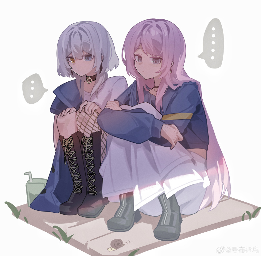 ... 2girls absurdres bang_dream! bang_dream!_it&#039;s_mygo!!!!! black_boots black_choker blue_eyes blue_jacket boots carton chihaya_anon chinese_commentary choker closed_mouth commentary_request cropped_jacket drinking_straw fishnets full_body grey_eyes haobuguniao heterochromia highres jacket kaname_raana long_hair long_sleeves medium_hair multiple_girls pink_hair shirt simple_background single_leg_pantyhose sitting skirt snail spoken_ellipsis watermark weibo_watermark white_background white_hair white_shirt white_skirt yellow_eyes