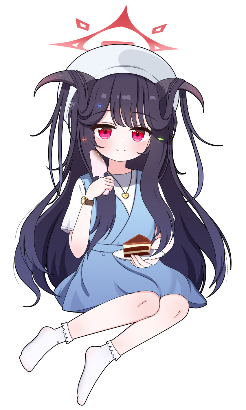 1girl absurdres black_hair blue_archive blue_dress cake commentary dress food fuuka_(blue_archive) fuuka_(casual)_(blue_archive) goat_girl goat_horns halo hat highres holding holding_knife holding_plate horns jewelry knife long_hair looking_at_viewer necklace no_shoes official_alternate_costume plate red_eyes red_halo shirt simple_background smile socks solo tonghua_sakana watch white_background white_hat white_shirt white_socks wristwatch
