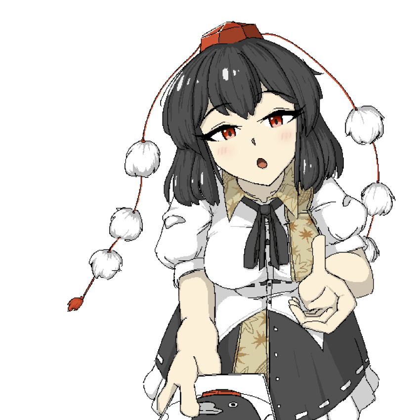 1girl :o absurdres belt black_belt black_hair black_ribbon black_skirt breasts collared_shirt frilled_skirt frills hat highres holding holding_photo leaf_print medium_breasts medium_hair neck_ribbon offering_hand orange_king24 outstretched_hand photo_(object) pom_pom_(clothes) pov puffy_short_sleeves puffy_sleeves red_eyes red_hat ribbon ribbon-trimmed_skirt ribbon_trim shameimaru_aya shameimaru_aya_(crow) shirt short_sleeves simple_background skirt solo tokin_hat touhou white_background white_shirt