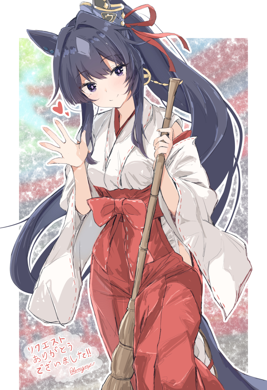 1girl alternate_costume alternate_hairstyle animal_ears blue_hair breasts closed_mouth commentary_request dark_blue_hair earrings hair_ornament heart highres horse_ears horse_girl jewelry kannagiray looking_at_viewer medium_breasts mole mole_under_eye ponytail purple_eyes simple_background single_earring smile solo translation_request umamusume verxina_(umamusume)
