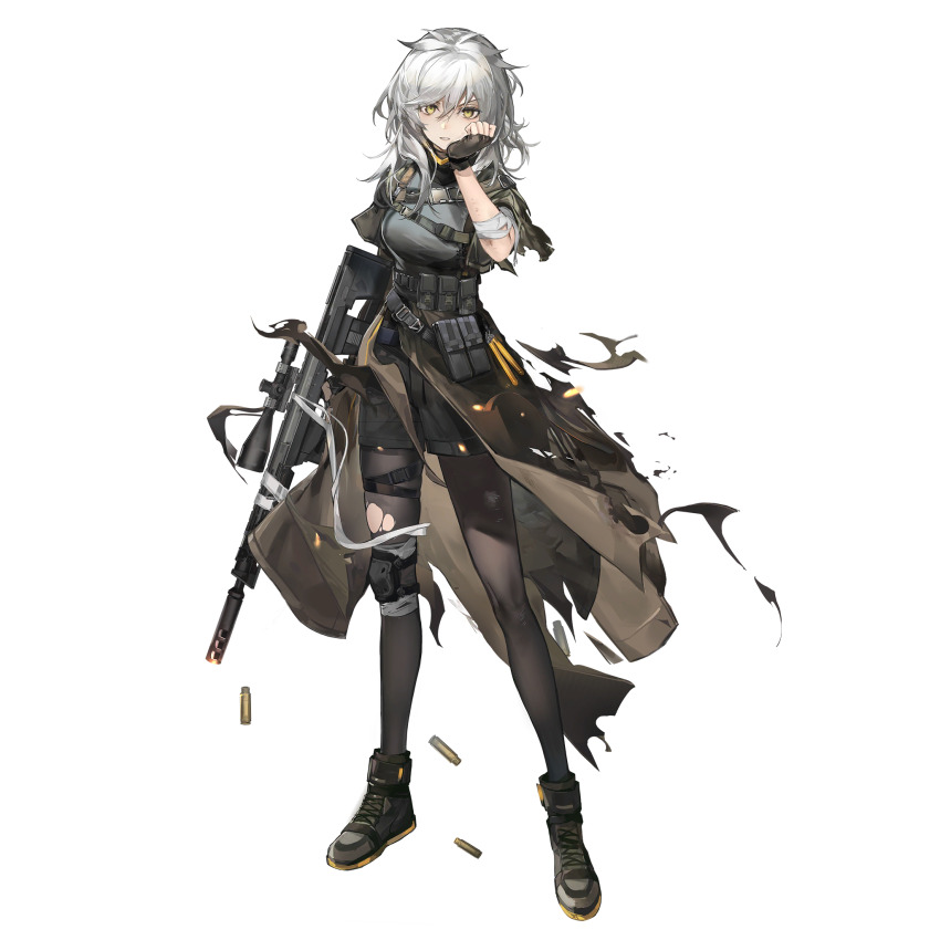 1girl bandaged_arm bandages black_pantyhose fingerless_gloves full_body game_cg girls&#039;_frontline girls&#039;_frontline_neural_cloud gloves gun highres holding holding_gun holding_weapon knee_pads looking_at_viewer official_art olivia_(neural_cloud) pantyhose porafree scope single_knee_pad solo standing tachi-e third-party_source torn_clothes torn_pantyhose transparent_background weapon white_hair yellow_eyes
