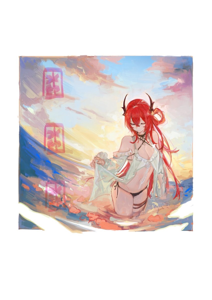 1girl arknights bare_shoulders bikini breasts cleavage closed_eyes hair_rings highres horns long_hair navel outdoors pipidan red_hair side-tie_bikini_bottom solo stomach surtr_(arknights) surtr_(colorful_wonderland)_(arknights) swimsuit thigh_strap thighs very_long_hair wading water