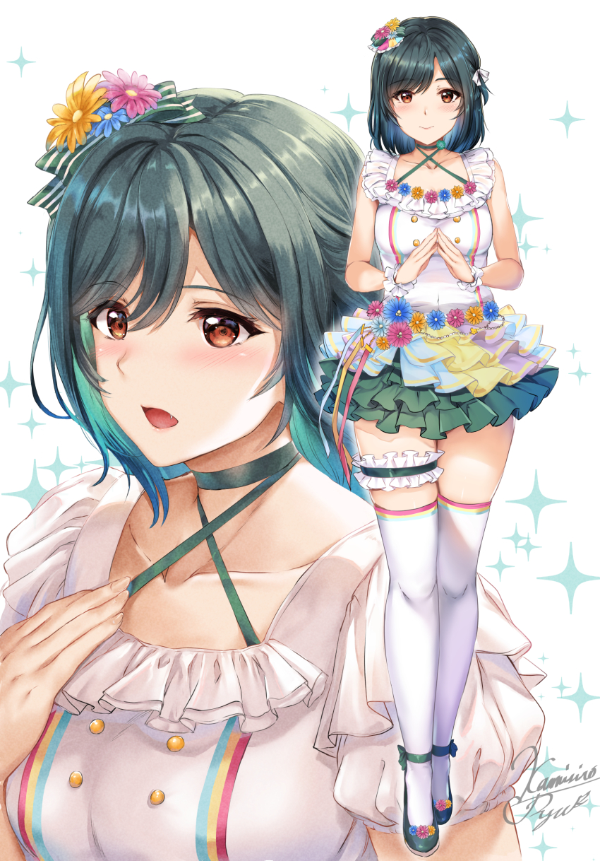 1girl absurdres black_hair breasts buttons closed_mouth collarbone criss-cross_halter eyes_visible_through_hair fang fingers_together flower frilled_skirt frilled_thigh_strap frills full_body green_skirt hair_between_eyes hair_flower hair_ornament hair_ribbon halterneck hand_on_own_chest high_heels highres kamishiro_ryuu looking_at_viewer love_live! love_live!_nijigasaki_high_school_idol_club medium_breasts mifune_shioriko multiple_views open_mouth red_eyes ribbon shirt short_hair signature simple_background skirt sleeveless sleeveless_shirt standing star_(symbol) thigh_strap thighhighs upper_body white_background white_shirt white_thighhighs