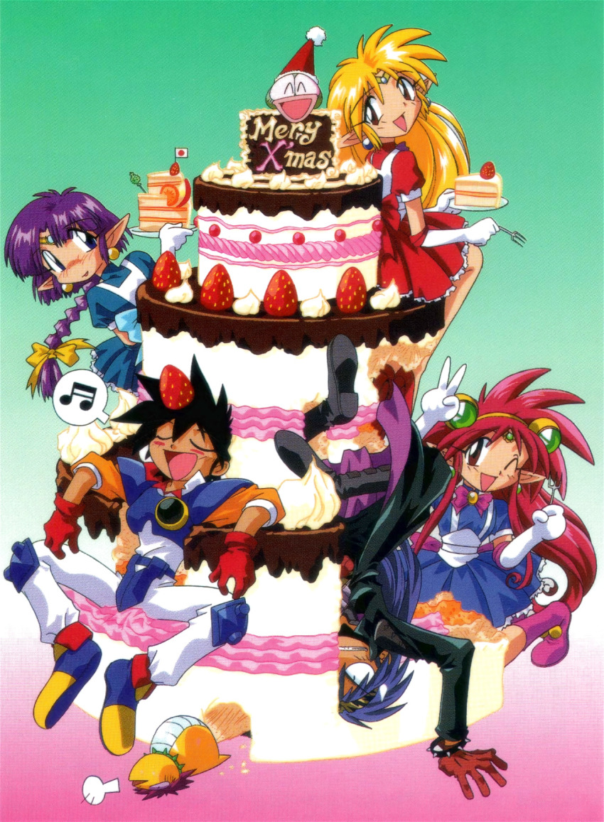 1990s_(style) arara_cocoa arara_milk baba_lamune braid cake da_cider food gradient_background green_background hat heavy_meta-ko highres leska_(arara_cafe_au_lait) long_hair low-tied_long_hair official_art plate pointy_ears retro_artstyle santa_hat scan single_braid tama-q