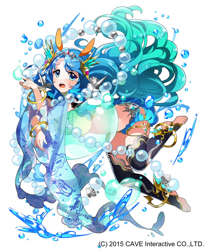 1girl :o absurdly_long_hair absurdres air_bubble anklet bangle blue_eyes blue_footwear blue_hair blue_legwear bracelet bubble coral_hair_ornament female_focus gothic_wa_mahou_otome gradient_hair hand_up highres jewelry long_hair looking_at_viewer masyu_yuyu midriff multicolored_hair official_art seashell see-through_clothes shell silk solo very_long_hair watermark