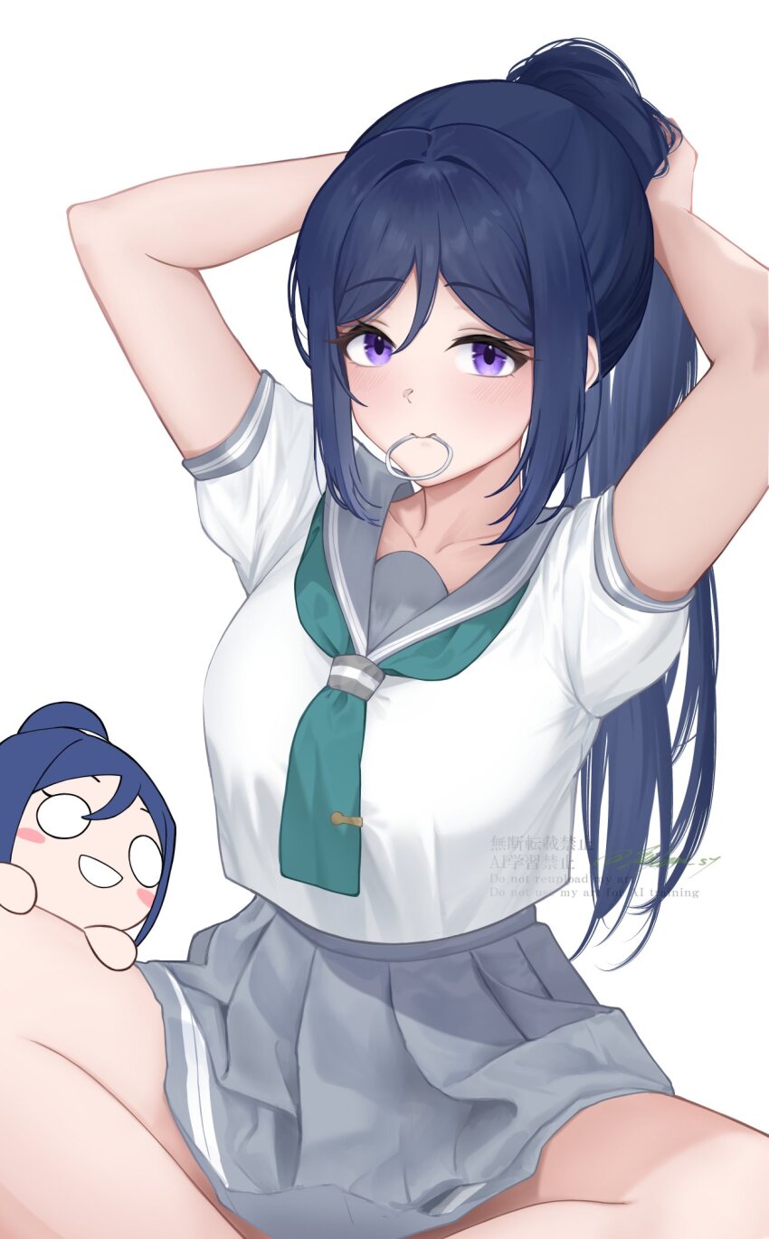 1girl arms_up blush_stickers breasts character_doll commentary doll feet_out_of_frame hair_tie_in_mouth highres indian_style large_breasts looking_at_viewer love_live! love_live!_sunshine!! matsuura_kanan mikami_sy mouth_hold nesoberi parted_bangs purple_eyes school_uniform serafuku shirt short_sleeves sidelocks simple_background sitting solo tying_hair uranohoshi_school_uniform watermark white_background white_shirt