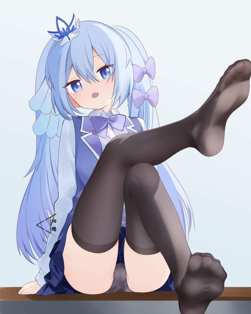 1girl blue_eyes blue_hair chujinmikn feet highres light_blush long_hair looking_at_viewer open_mouth original panties pantyshot see-through_clothes see-through_legwear soles thighhighs toes twintails underwear