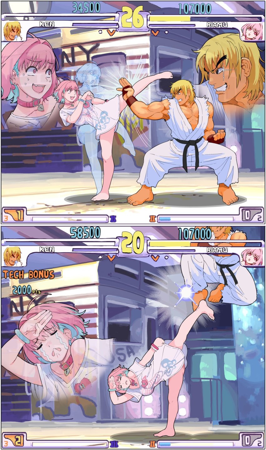 1boy 1girl afterimage ahoge arm_over_head belt belt_collar black_belt blonde_hair bottomless bracelet breasts capcom choker collar colored_inner_hair commentary crossover crying dougi earrings english_commentary english_text esports evo_moment_#37 fang fingerless_gloves gameplay_mechanics giganticbuddha gloves hair_intakes heart-shaped_lock heart_collar heart_on_chest high_kick highres idolmaster idolmaster_cinderella_girls jacket jewelry jumping ken_masters kicking large_breasts multicolored_hair muscular muscular_male open_mouth oversized_clothes oversized_shirt pants parrying pill_earrings pink_choker pink_collar pink_eyes pink_hair scowl shirt short_hair short_sleeves skeleton_print smile street_fighter street_fighter_iii_(series) subway_station sweat sweatdrop t-shirt tareme torn_clothes torn_sleeves two-tone_hair user_interface white_jacket white_pants white_shirt yumemi_riamu
