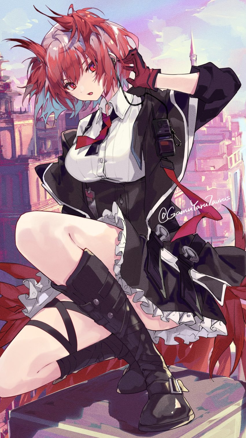 1girl arknights black_jacket black_skirt boots earpiece feather_hair fiammetta_(arknights) gameyaruzaurus gloves highres jacket necktie red_eyes red_hair rooftop skirt squatting twitter_username walkie-talkie