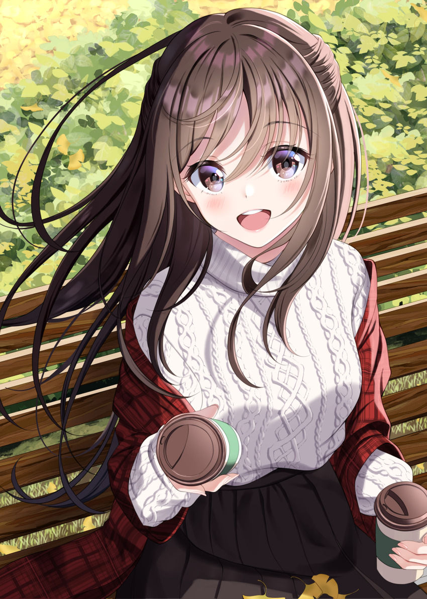 1girl absurdres bench black_skirt brown_eyes brown_hair bush cable_knit cup day disposable_coffee_cup disposable_cup ginkgo_leaf grass half_updo highres holding holding_cup hominotsu incoming_drink jacket leaf long_hair long_sleeves looking_at_viewer off_shoulder open_clothes open_jacket open_mouth original outdoors pleated_skirt pov red_jacket shawl sitting skirt smile solo sweater teeth turtleneck turtleneck_sweater upper_body upper_teeth_only white_sweater