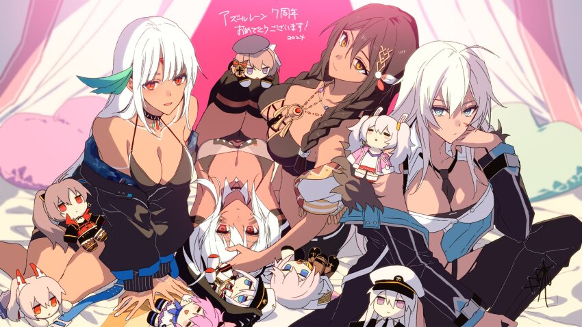 4girls alabama_(azur_lane) amazuki_jou animal_ears ayanami_(azur_lane) azur_lane beret between_breasts black_footwear black_hat black_jacket black_necktie black_thighhighs boots braid breasts brown_hair chibi cleavage closed_eyes commentary_request curtains dark-skinned_female dark_skin enterprise_(azur_lane) green_eyes hand_on_own_cheek hand_on_own_face hat heart heart-shaped_pillow highres indiana_(azur_lane) jacket javelin_(azur_lane) jean_bart_(azur_lane) jewelry laffey_(azur_lane) large_breasts long_hair long_sleeves looking_at_viewer lying massachusetts_(azur_lane) multiple_girls native_american necklace necktie necktie_between_breasts off_shoulder open_clothes open_jacket pillow pink_hair purple_eyes rabbit_ears rabbit_girl red_eyes sitting south_dakota_(azur_lane) thighhighs tirpitz_(azur_lane) twin_braids washington_(azur_lane) white_hair white_hat z23_(azur_lane)