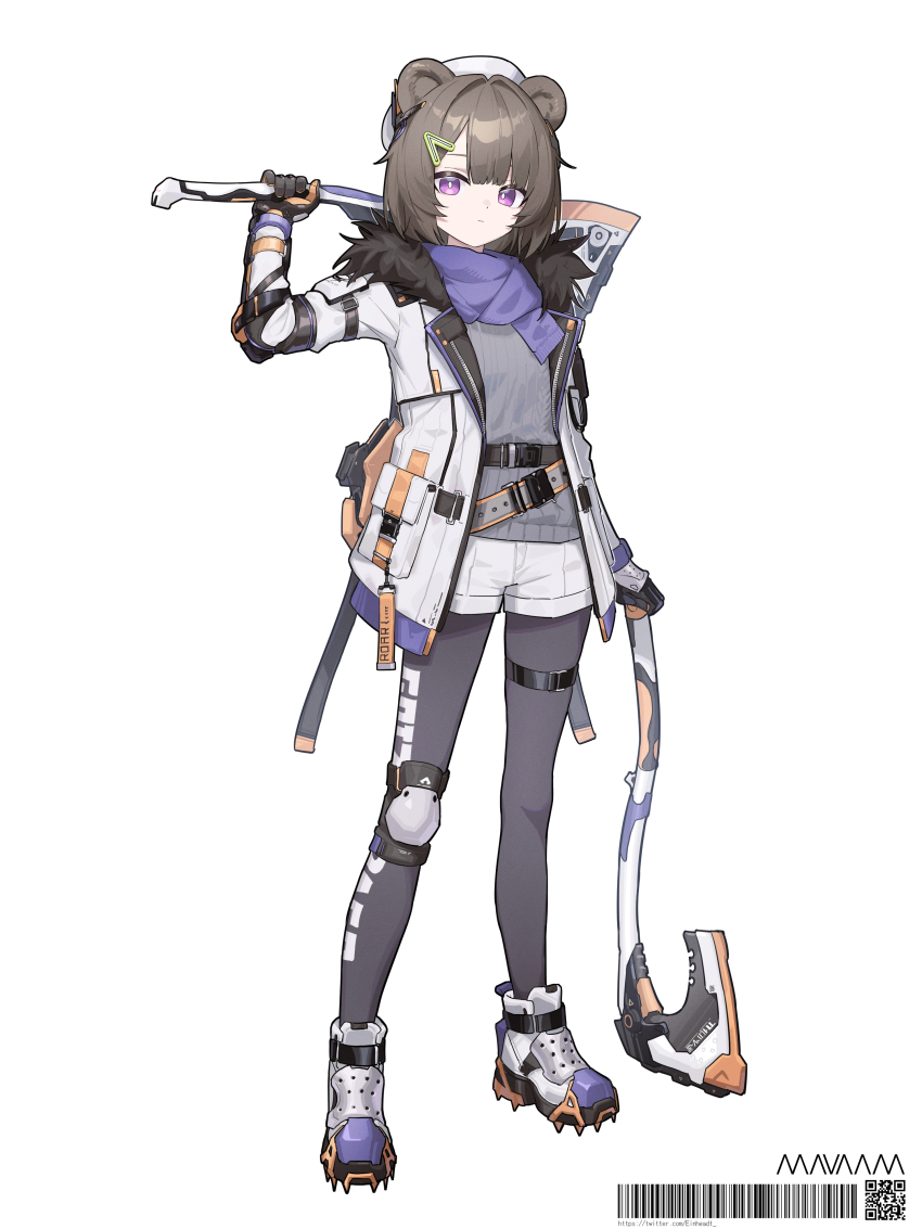 1girl absurdres animal_ears aran_sweater axe bear_ears boots brown_hair cable_knit closed_mouth commentary crampons einheadt english_commentary full_body fur-trimmed_jacket fur_trim grey_pantyhose grey_sweater hair_ornament hairclip hand_up highres holding holding_axe jacket knee_pads looking_at_viewer open_clothes open_jacket original pantyhose pantyhose_under_shorts purple_eyes purple_scarf qr_code scarf short_shorts shorts simple_background single_knee_pad solo standing sweater white_background white_boots white_jacket white_shorts