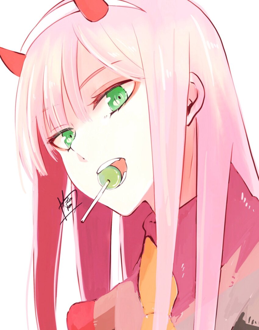 1girl candy darling_in_the_franxx food green_eyes hairband highres horns lollipop long_hair looking_at_viewer necktie peda_yamoto pink_hair red_horns signature solo white_background white_hairband zero_two_(darling_in_the_franxx)