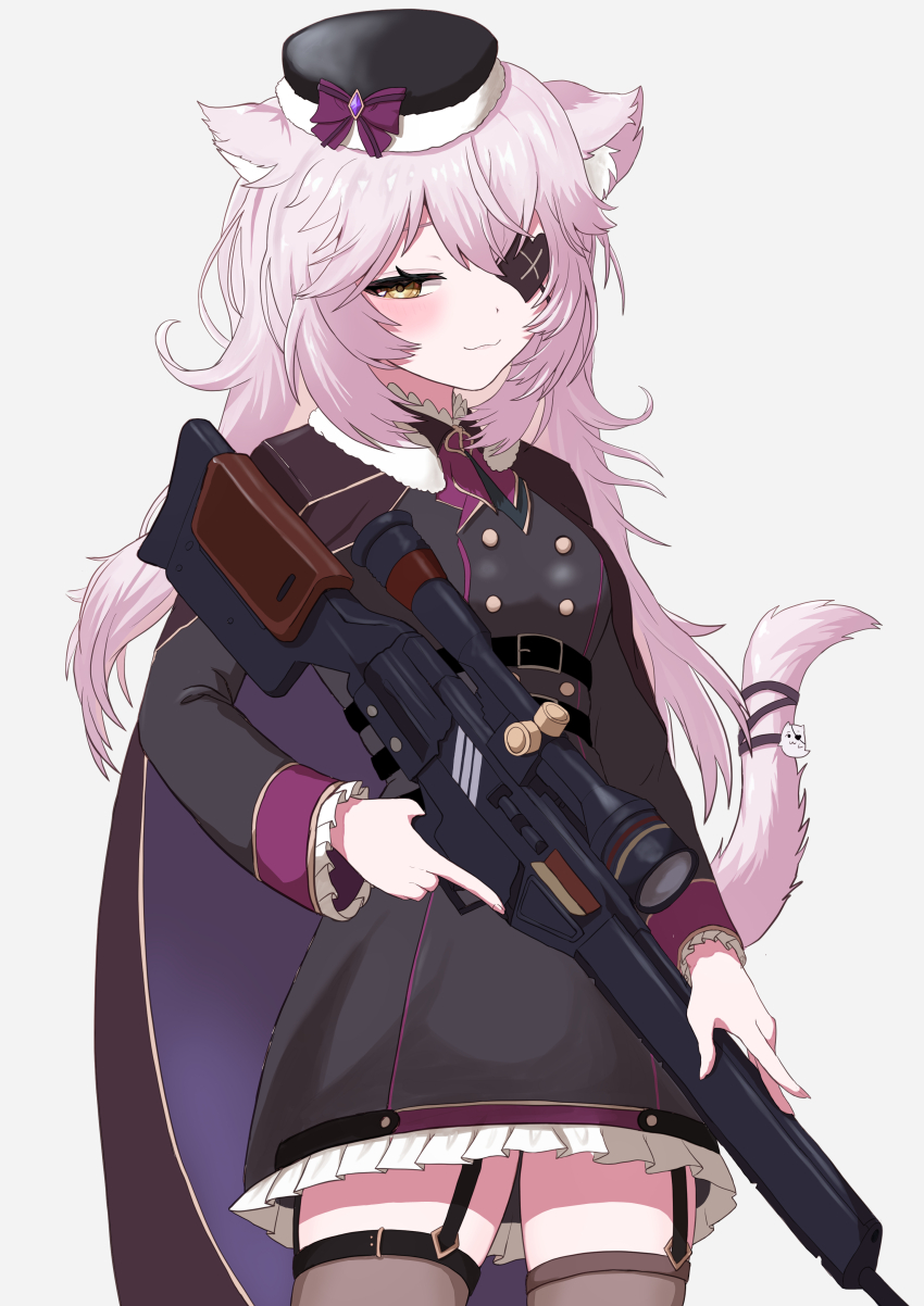 1girl absurdres animal_ear_fluff animal_ears assault_rifle beret black_dress black_hat black_ribbon cat_ears cat_girl cat_tail closed_mouth dress eyepatch frilled_dress frills gun hat highres holding holding_gun holding_weapon indie_virtual_youtuber long_hair looking_at_viewer meibin nyatasha_nyanners nyatasha_nyanners_(commander_cat) ribbon rifle smile solo tail tail_ornament tail_ribbon virtual_youtuber weapon