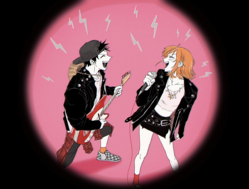 1boy 1girl alternate_costume bare_legs baseball_cap black_hair black_hat black_jacket black_skirt blush closed_eyes commentary_request cropped_shirt electric_guitar facing_another feet_out_of_frame guitar hat highres holding holding_guitar holding_instrument holding_microphone instrument jacket jewelry korean_commentary lightning_bolt_symbol long_sleeves microphone midriff miniskirt monkey_d._luffy music nami_(one_piece) necklace one_piece open_clothes open_jacket open_mouth orange_hair orange_socks pink_background playing_instrument profile red_socks shirt short_hair singing single_sidelock skirt sktkah_7326 socks standing straw_hat unworn_hat unworn_headwear white_shirt