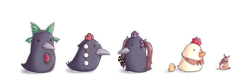 ammonite_(488091) animalization baby_animal bird black_eyes chick crow highres himekaidou_hatate himekaidou_hatate_(crow) mystia_lorelei mystia_lorelei_(bird) niwatari_kutaka niwatari_kutaka_(chicken) reiuji_utsuho reiuji_utsuho_(bird) ribbon shameimaru_aya shameimaru_aya_(crow) simple_background touhou white_background