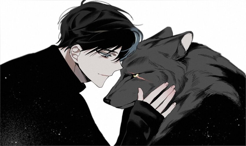 animal animalization black_eyes black_hair black_shirt dual_persona hand_on_another&#039;s_face hand_up high_collar hinizana long_sleeves looking_at_another omniscient_reader&#039;s_viewpoint person_and_animalization scar scar_across_eye scar_on_face secretive_plotter shirt short_hair smile starry_sky_print upper_body wolf yoo_joonghyuk