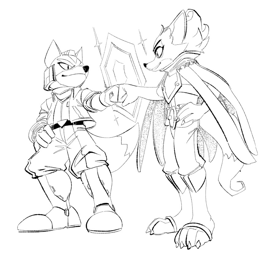 1boy 1girl belt boots commission eye_contact fist_bump fox fox_mccloud furry hand_on_own_hip highres hydroxian krystal long_sleeves looking_at_another nintendo reflector_(star_fox) simple_background standing star_fox