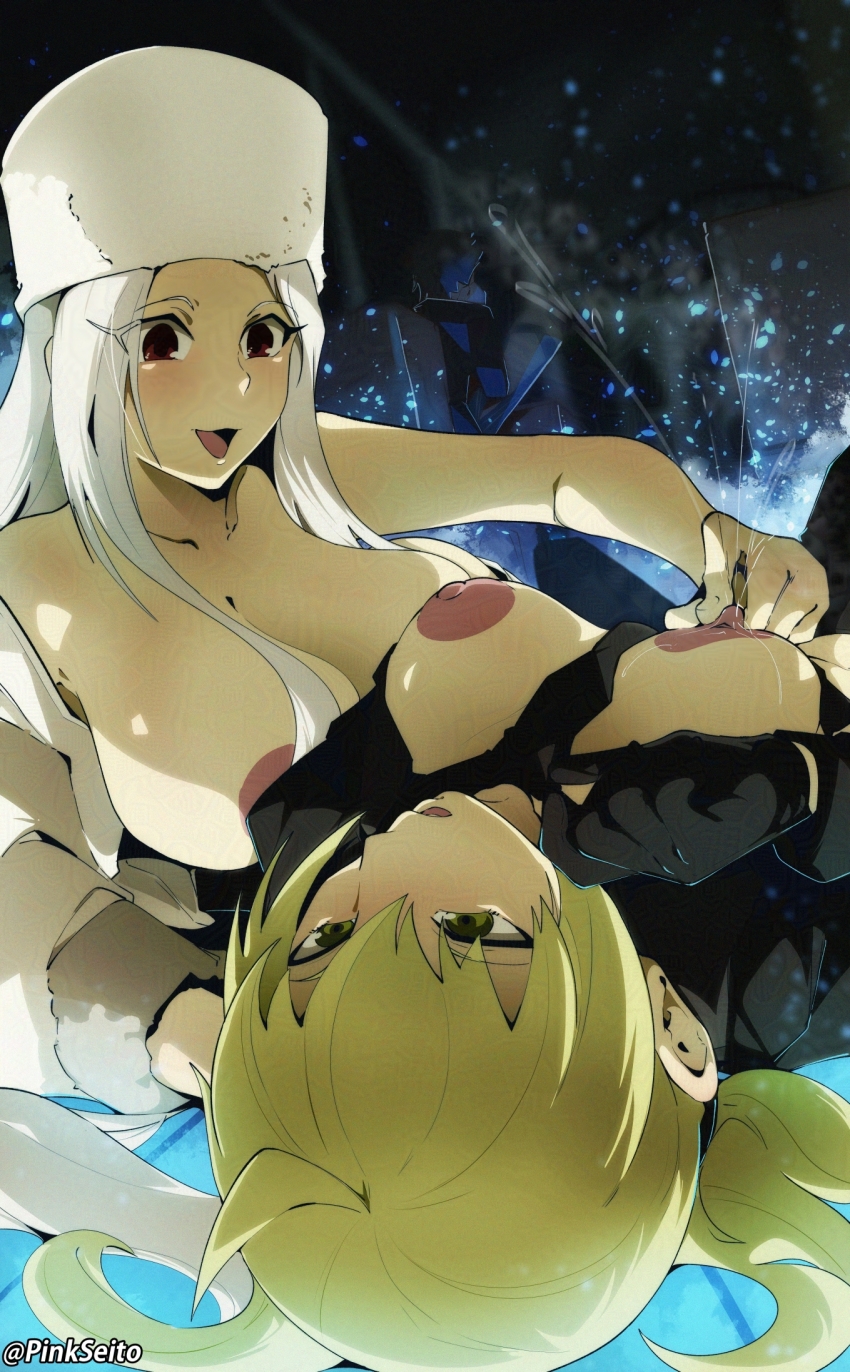 2girls artoria_pendragon_(fate) black_gloves blonde_hair blue_eyes blush breasts brown_hair commentary english_commentary fate/zero fate_(series) gloves grey_hair highres irisviel_von_einzbern lactation large_breasts long_hair multiple_girls nipple_stimulation nipple_tweak orphen_(pink_seito) saber_(fate) yuri