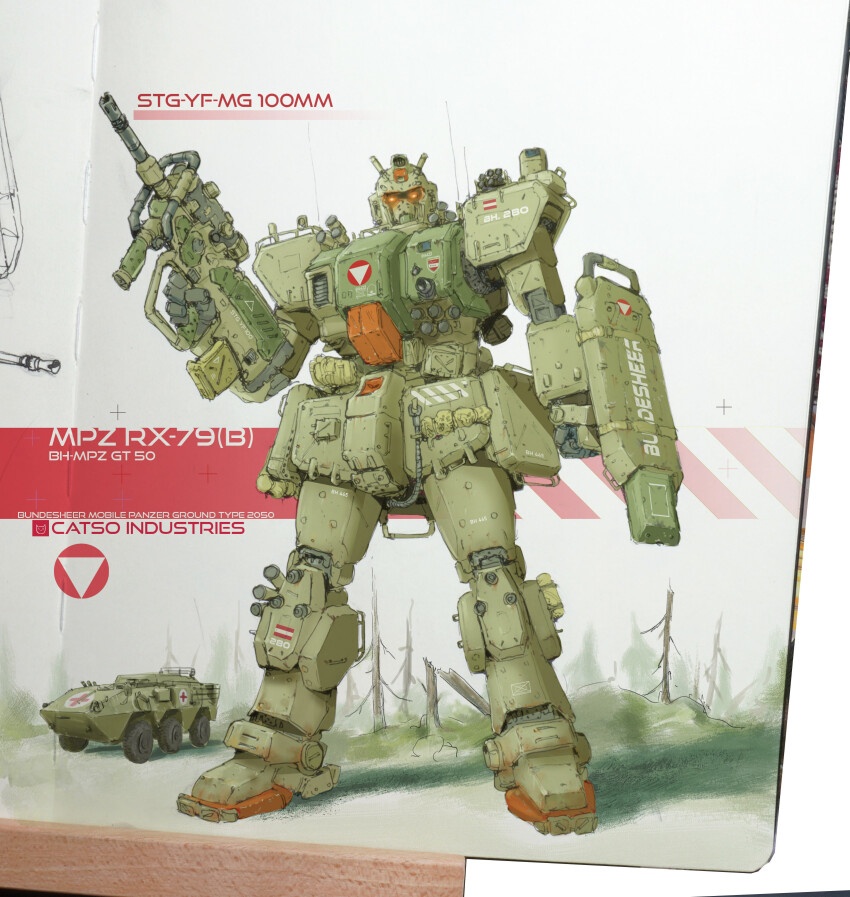 absurdres arm_shield armored_personnel_carrier armored_vehicle assault_rifle bare_tree bullpup clenched_hand commentary english_commentary full_body glowing glowing_eyes ground_gundam gun gundam gundam_08th_ms_team head_tilt highres holding holding_gun holding_weapon looking_at_viewer mecha mixed_media mobile_suit motor_vehicle orange_eyes patso_catso photo_(medium) rifle robot shadow standing steyr_aug tree weapon