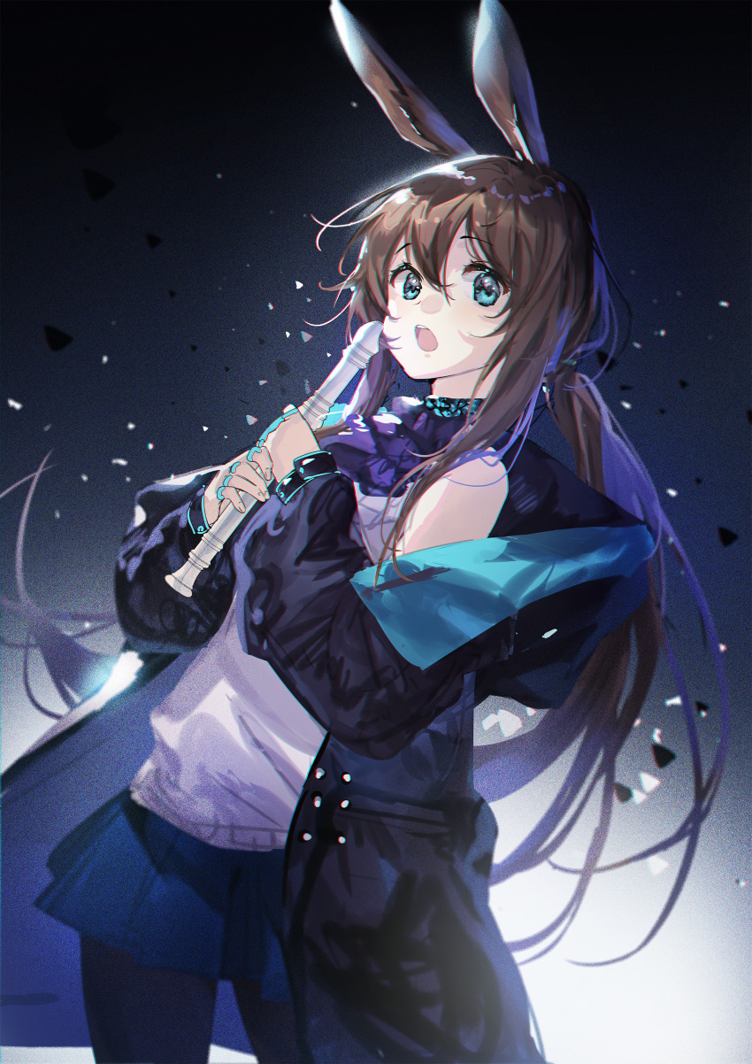 1girl absurdres amiya_(arknights) animal_ears arknights ascot black_background black_jacket black_pantyhose blue_ascot blue_collar blue_eyes blue_skirt brown_hair collar cowboy_shot flute gradient_background hair_between_eyes haitang highres holding holding_flute holding_instrument hood hooded_jacket instrument jacket jewelry long_sleeves looking_at_viewer multiple_rings neck_ring off_shoulder open_clothes open_jacket open_mouth pantyhose pleated_skirt ponytail rabbit_ears rabbit_girl recorder ring shirt simple_background skirt sleeveless sleeveless_shirt solo teeth upper_teeth_only white_shirt