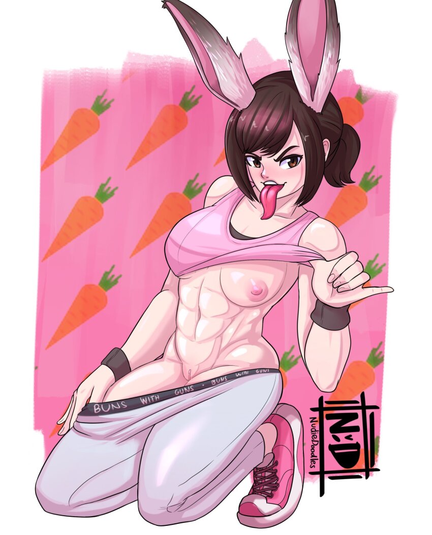 1girl abs animal_ears breasts brown_hair carrot clothes_lift clothes_pull highres kneeling looking_at_viewer medium_breasts muscular muscular_female nudiedoodles orange_eyes original pants pants_pull pink_background pink_shoes pinky_out ponytail pussy rabbit_ears rabbit_girl shirt_lift shoes signature sneakers solo tank_top toned tongue tongue_out