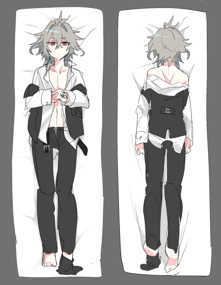 1boy ahoge belt black_pants black_vest blush closed_mouth crossed_bangs dakimakura_(medium) dot_mouth fate/apocrypha fate_(series) from_behind full_body grey_background grey_hair hair_between_eyes hair_intakes haoro highres male_focus medium_hair messy_hair open_belt pants red_eyes shirt_partially_removed sieg_(fate) simple_background single_sock socks solo vest