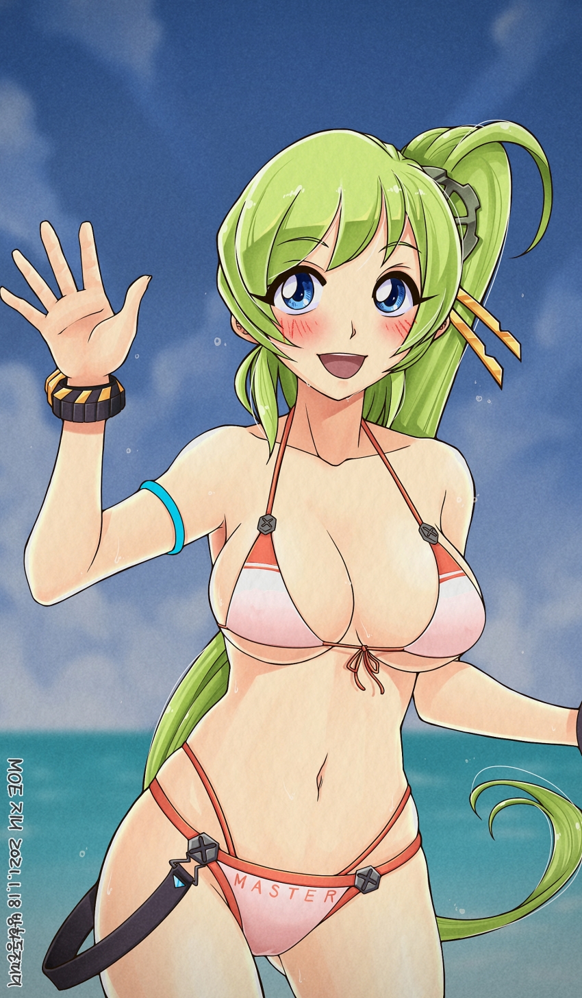 absurdres artist_name banghwadongjopidi bikini blue_eyes blue_sky blush bracelet breasts cameltoe character_name clothes_writing cloud collarbone commentary_request copyright_name covered_erect_nipples cowboy_shot dated day english_text front-tie_bikini_top front-tie_top gear_hair_ornament green_hair hand_up high_side_ponytail highres horizon jeanie_(master_of_eternity) jewelry korean_commentary long_hair looking_at_viewer master_of_eternity medium_breasts navel ocean open_mouth outdoors partial_commentary skindentation sky smile string_bikini swept_bangs swimsuit teeth underboob upper_teeth_only very_long_hair waving wet