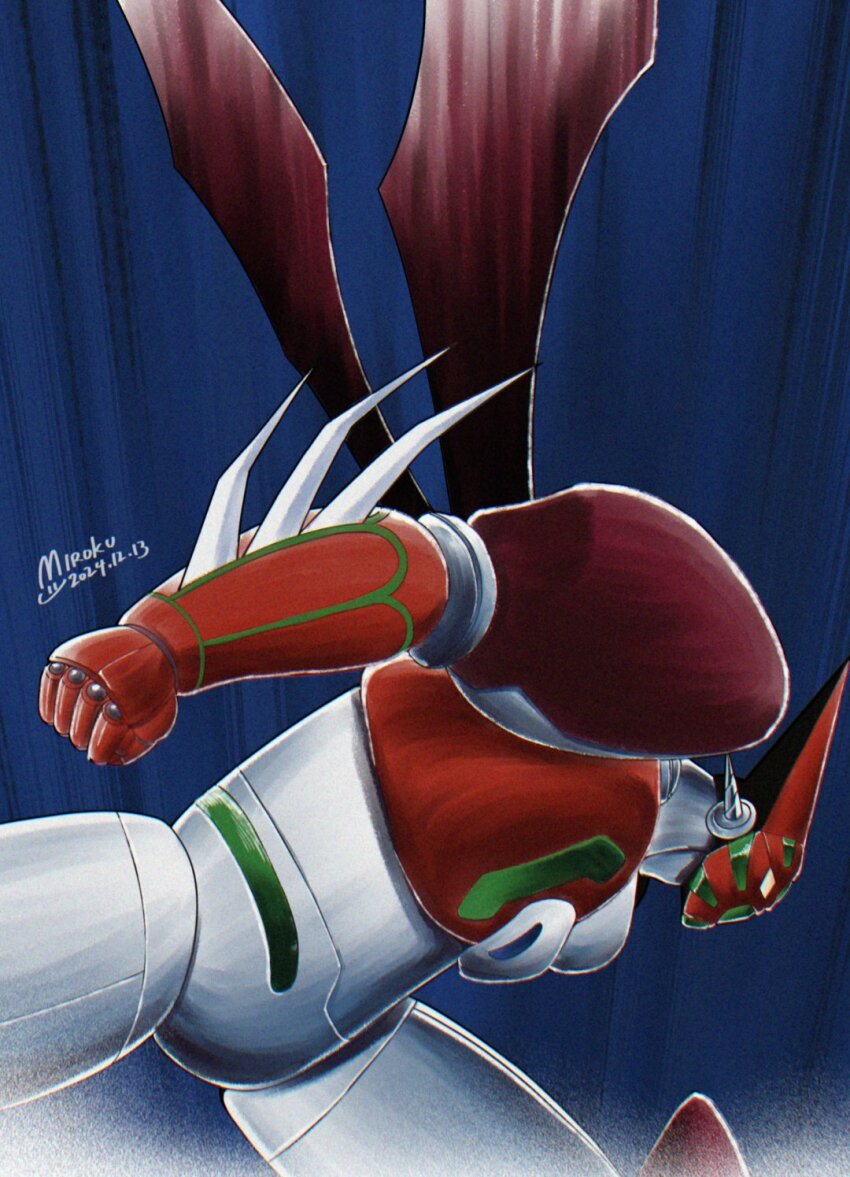 arm_blade armor clenched_hand cowboy_shot demon_wings from_side getter_robo highres mecha mecha_focus miroku_(miroku_t) multicolored_armor red_armor red_wings shin_getter-1 shin_getter_robo solo weapon white_armor wings yellow_eyes
