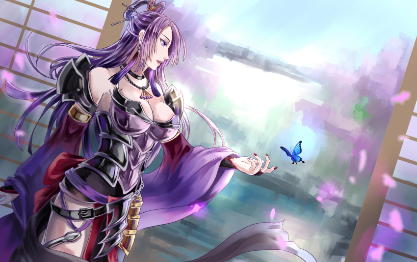 breasts bug butterfly butterfly_hair_ornament choker cleavage detached_sleeves fingernails hair_ornament highres insect jewelry large_breasts lips lipstick long_hair long_sleeves makeup nail_polish necklace nouhime parted_bangs petals purple_eyes purple_hair red_nails sengoku_musou thighs