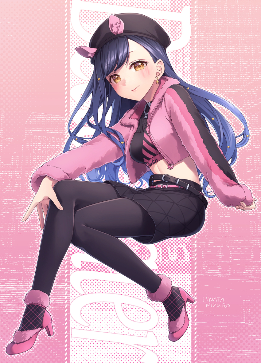 1girl animal_ear_fluff awakening_beat_(project_sekai) belt black_belt black_hat black_pantyhose black_skirt blue_hair blush boots breasts closed_mouth crop_top crossed_legs earrings floating_hair from_side full_body hat high_heels highres hinata_mizuiro jacket jewelry long_sleeves looking_at_viewer medium_breasts midriff miniskirt official_alternate_costume open_clothes open_jacket pantyhose pink_background pink_belt pink_boots pink_jacket project_sekai shiraishi_an short_hair skirt sleeves_past_wrists smile solo star_(symbol) star_earrings stomach swept_bangs yellow_eyes