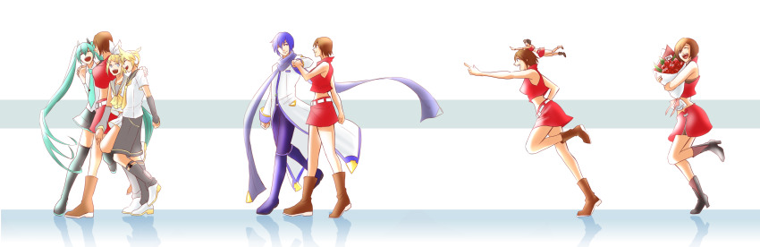 2boys 3girls aqua_hair aqua_necktie bare_shoulders belt black_collar black_leg_warmers black_legwear black_shorts black_skirt black_sleeves blonde_hair blue_hair blue_scarf boots bouquet bow brown_eyes brown_hair brown_pants coat collar crop_top d.g detached_sleeves figma fist_bump flower hair_bow hair_ornament hand_on_shoulder hatsune_miku hatsune_miku_(vocaloid3) highres holding holding_bouquet hug kagamine_len kagamine_len_(vocaloid4) kagamine_rin kagamine_rin_(vocaloid4) kaito_(vocaloid) kaito_(vocaloid3) leg_warmers long_hair looking_at_another looking_back meiko_(vocaloid) miniskirt multiple_boys multiple_girls multiple_views neckerchief necktie pants red_shirt red_skirt reflection rose sailor_collar scarf school_uniform shirt short_hair short_shorts short_sleeves shorts skirt sleeveless sleeveless_shirt spiked_hair thighhighs timeline twintails v4x very_long_hair vocaloid walking white_coat white_shirt yellow_neckerchief