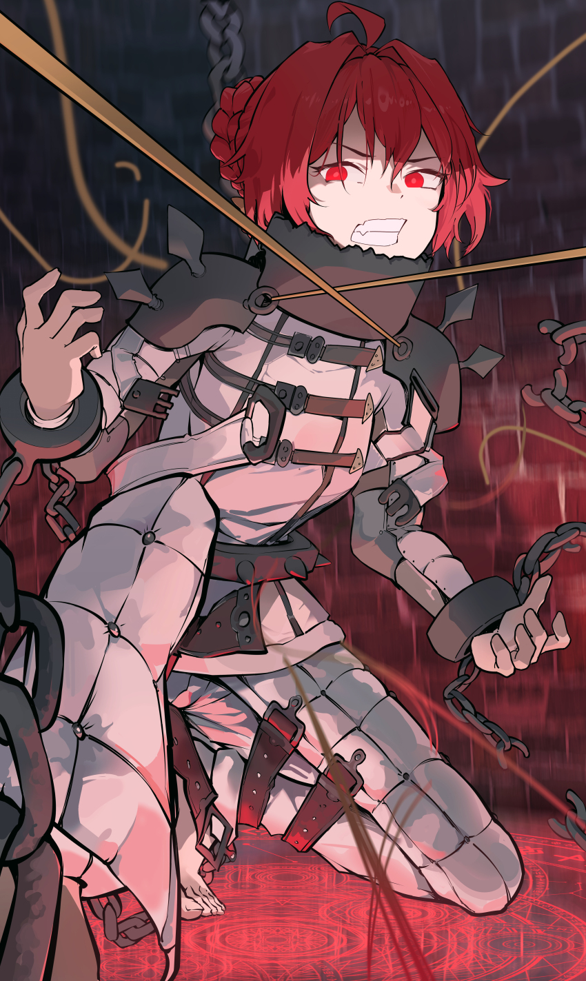 1girl absurdres ahoge alternate_costume barefoot bound bound_wrists chain clenched_teeth commentary danjin_(wuthering_waves) english_commentary flat_chest folded_braid glowing glowing_eyes hair_intakes highres kneeling magic_circle red_eyes red_hair ryeon_(bluetom1) solo straitjacket teeth toes variant_set wuthering_waves