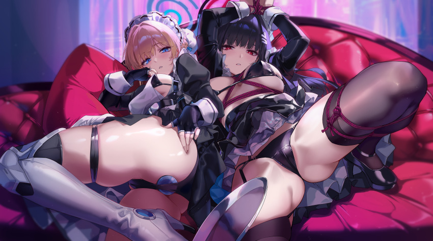 2girls absurdres anal anal_object_insertion arms_up ass bikini black_bikini black_gloves black_hair black_halo black_panties black_skirt black_thighhighs blue_archive blue_eyes blue_halo blush boots bound bound_wrists breasts bun_cover clothes_lift commentary_request couch fingerless_gloves gloves gluteal_fold groin hair_ornament hairpin halo high_heel_boots high_heels highres juliet_sleeves knee_boots large_breasts long_sleeves maid_headdress multiple_girls object_insertion on_couch panties puffy_sleeves red_eyes revealing_clothes rio_(blue_archive) shibari shibari_over_clothes shibari_under_clothes skindentation skirt skirt_lift spread_legs swimsuit thigh_strap thighhighs toki_(blue_archive) tray underwear white_headdress zomzomzomsauce