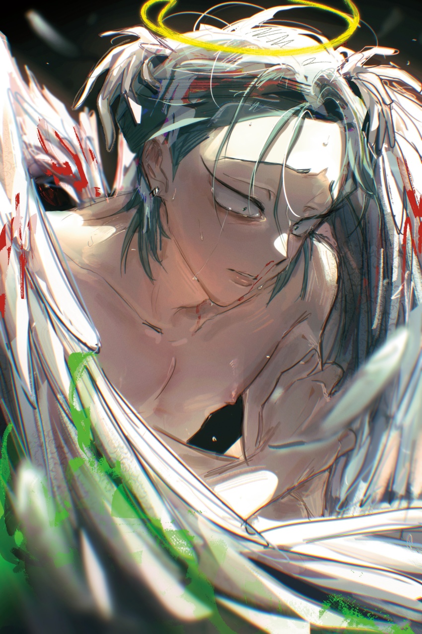 1boy absurdres alien_stage angel_wings blood bloody_wings commentary crying crying_with_eyes_open earrings english_commentary feathered_wings green_eyes grey_hair halo hawk_till highres jewelry male_focus nipples nosebleed short_hair solo tears till_(alien_stage) topless_male wings