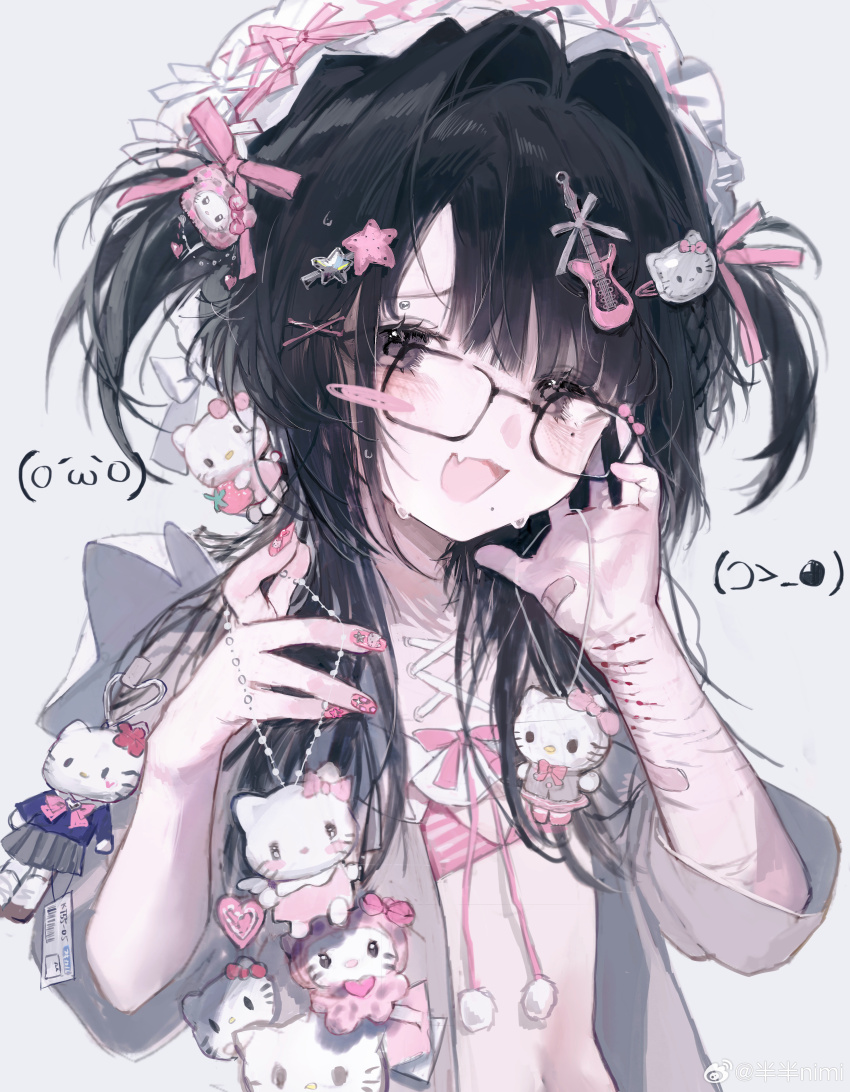 1girl :d absurdres banbanimi bandaged_arm bandages bandaid bandaid_on_arm bandaid_on_hand bikini black_eyes black_hair blood blush bow bra charm_(object) crying cuts fang glasses grey_background grey_shirt hair_intakes hair_ornament hair_ribbon hairclip heart hello_kitty_(character) highres injury kaomoji long_hair looking_at_viewer navel open_clothes open_mouth open_shirt original pink_bra pink_nails pink_ribbon pom_pom_(clothes) ribbon self-harm_scar shirt simple_background skin_fang smile solo striped_bikini striped_bra striped_clothes swimsuit two_side_up underwear upper_body wrist_cutting x_hair_ornament