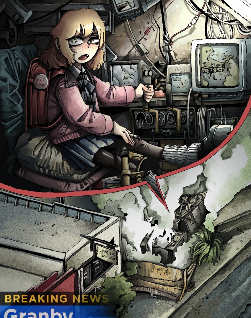 1girl absurdres armored_vehicle backpack bag black_pantyhose black_shoes blonde_hair blue_ribbon blue_skirt breaking_news bulldozer cable crt driving eyeshadow fang freckles from_above green_eyes highres jacket killdozer leg_warmers liskim looking_at_viewer makeup medium_hair messy_hair monitor multiple_monitors original pantyhose pink_jacket platform_shoes pleated_skirt randoseru ribbon ringed_eyes road scene_reference shoes sitting sitting_on_pillow skirt street vehicle_interior white_leg_warmers