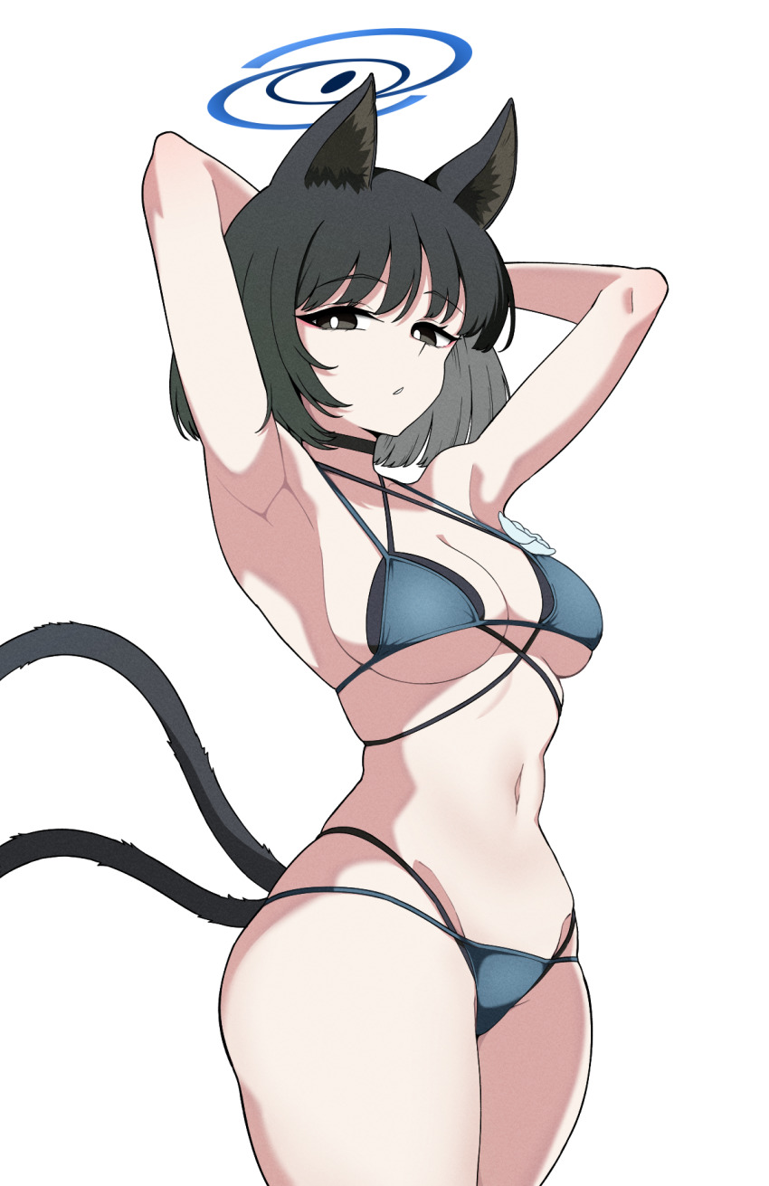 1girl animal_ears armpits arms_behind_head bikini black_eyes black_hair blue_archive blue_bikini blue_halo breasts cat_ears cat_girl cat_tail commentary_request gimrondo_csne4455 halo highres kikyou_(blue_archive) kikyou_(swimsuit)_(blue_archive) looking_at_viewer medium_breasts multiple_tails navel official_alternate_costume solo swimsuit tail
