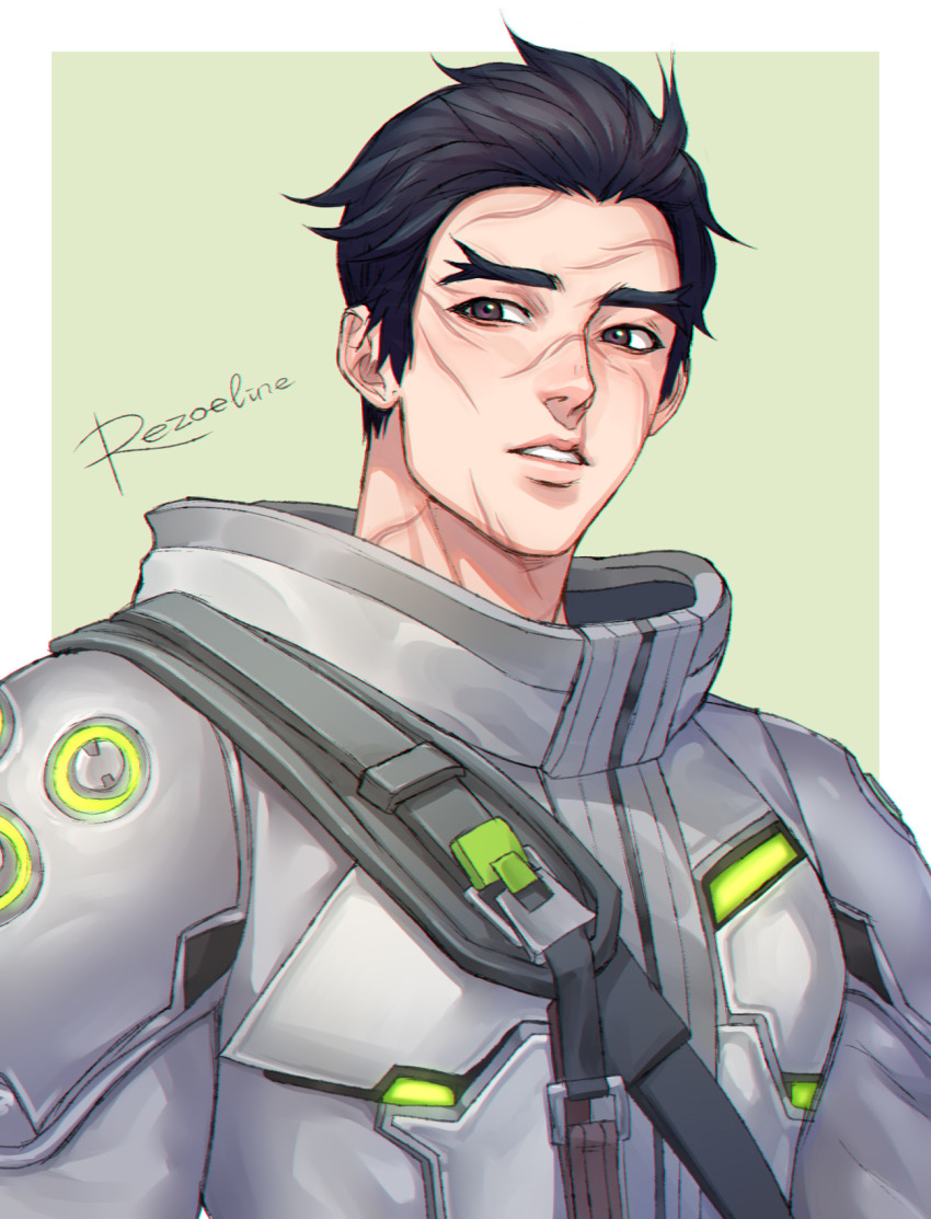 1boy black_hair border brown_eyes genji_(overwatch) green_background grey_jacket highres jacket lips long_sleeves male_focus overwatch rezoeline scar scar_on_face short_hair solo teeth upper_body white_border