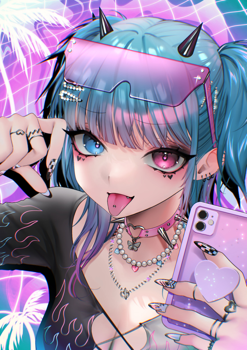 1girl arm_up bead_necklace beads bitaro black_shirt blouse blue_eyes blue_hair breasts cellphone choker cleavage commentary_request fang heart heart_tattoo heterochromia highres holding holding_phone horn_ornament horns jewelry looking_at_viewer medium_hair nail_art necklace open_mouth original phone piercing pink_choker pink_eyes ring shirt short_twintails smartphone solo spiked_choker spikes tattoo tongue tongue_out tongue_piercing twintails upper_body