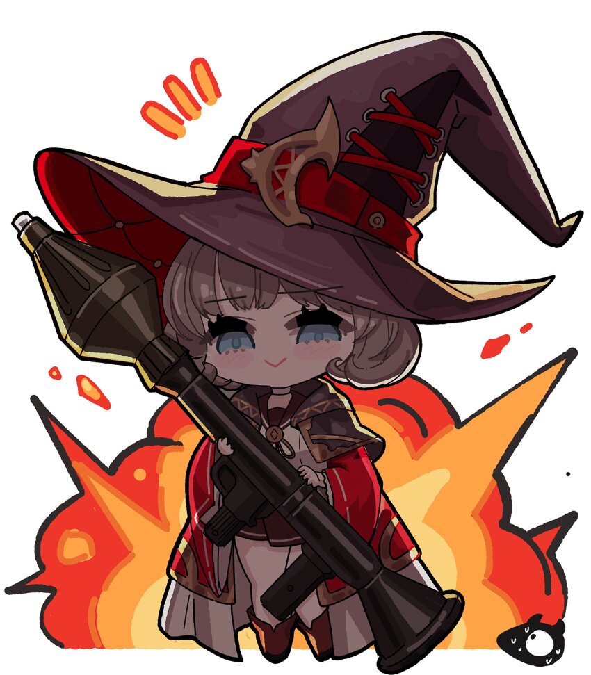 1girl :&gt; backlighting blue_eyes brown_footwear brown_sailor_collar brown_skirt chibi explosion explosion_background full_body goddess_of_victory:_nikke grey_hair hat hat_ornament highres holding holding_rocket_launcher holding_weapon korean_commentary notice_lines oversized_hat red_hat rocket_launcher sailor_collar shirt short_hair simple_background skirt smile solo sweat vesti_(ark_mage)_(nikke) vesti_(nikke) weapon white_shirt witch_hat zakuroten