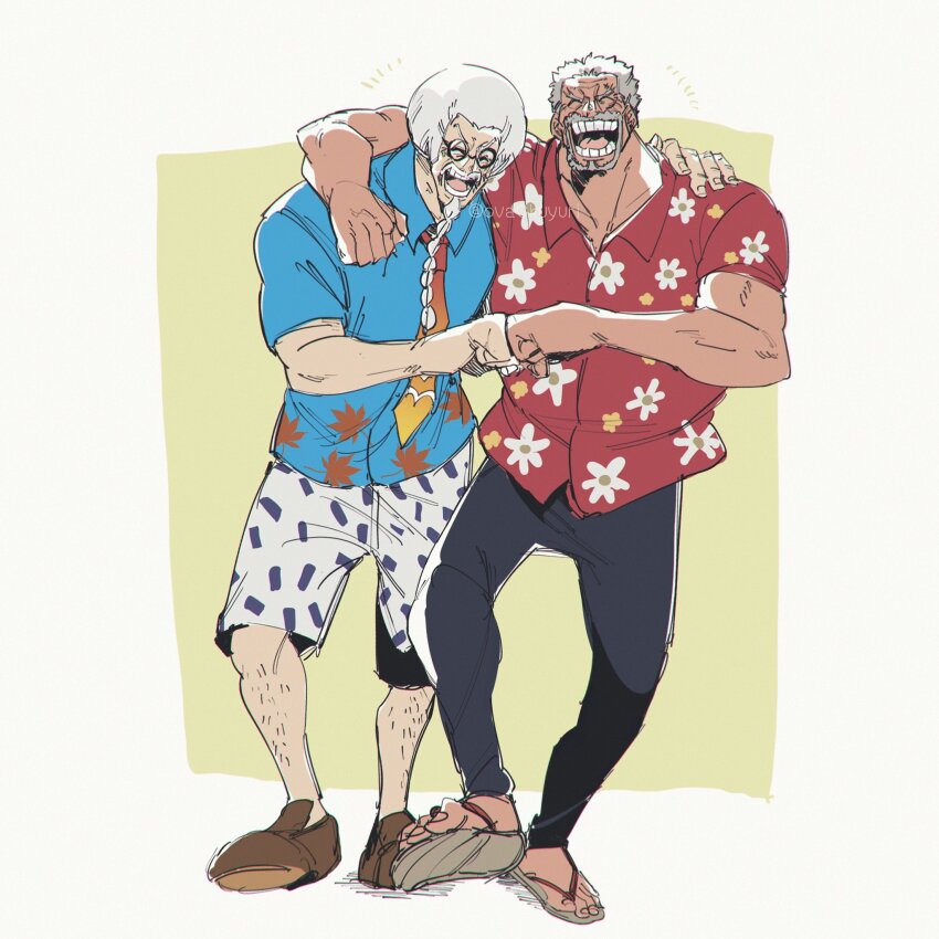 2boys arm_around_neck arm_up beard casual closed_eyes collared_shirt facial_hair fist_bump friends full_body glasses grey_hair highres laughing male_focus medium_hair monkey_d._garp multiple_boys necktie old old_man one_piece open_mouth ovasayuri pants round_eyewear sandals scar scar_on_face sengoku_(one_piece) shirt shoes short_hair short_sleeves shorts side-by-side smile toes walking wing_collar