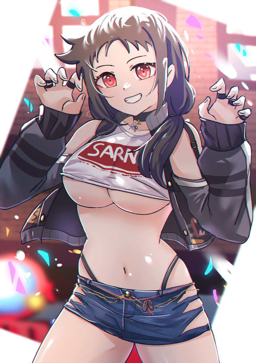 1girl absurdres ayame_(senran_kagura) bare_shoulders black_choker black_hair black_jacket black_panties blue_skirt breasts choker claw_pose collarbone cowboy_shot crop_top denim denim_skirt extreme_crop_top grin highres jacket jewelry large_breasts light_particles long_hair microskirt multiple_rings navel official_alternate_costume official_alternate_hairstyle original over_flow99 panties red_eyes revealing_clothes ring senran_kagura senran_kagura_new_link senran_kagura_new_wave shiny_skin shirt skindentation skirt sleeve_garter smile solo star_pendant stomach teeth thong torn_clothes torn_skirt underboob underwear white_shirt window